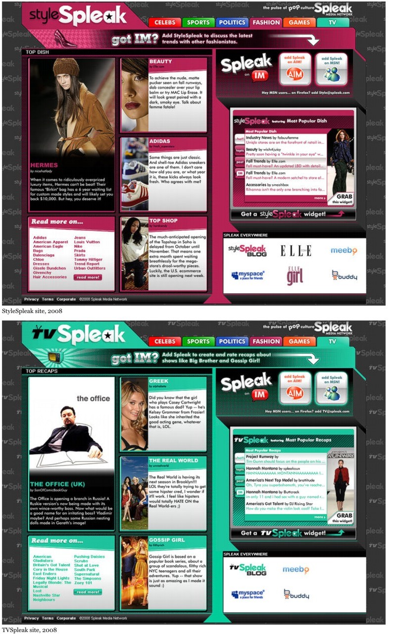 Spleak Media Network sites, 2008